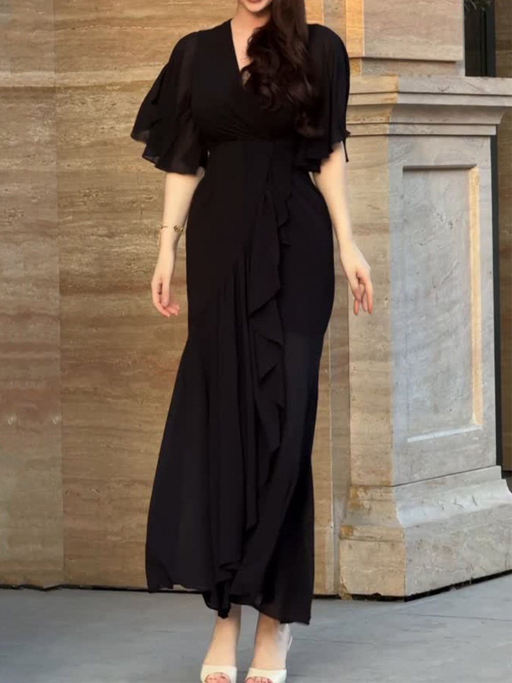 Robe Imprimée Rétro à Manches Trompettes et Col V